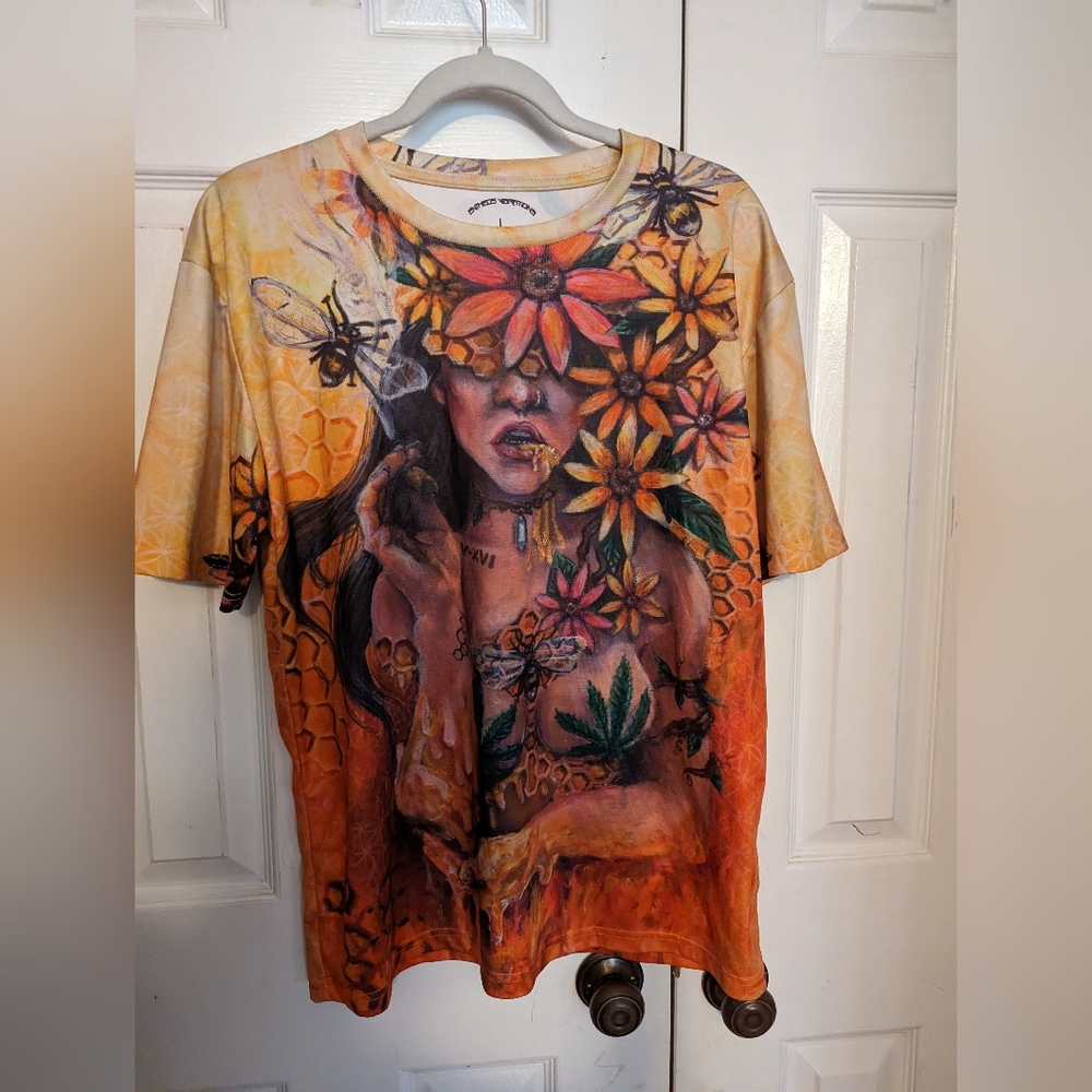 Calypse black T-shirt with girl and flowers, size: L